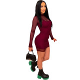 Women Sexy Zippered Mesh Jumpsuit and Suspender Dress Two-Piece Set