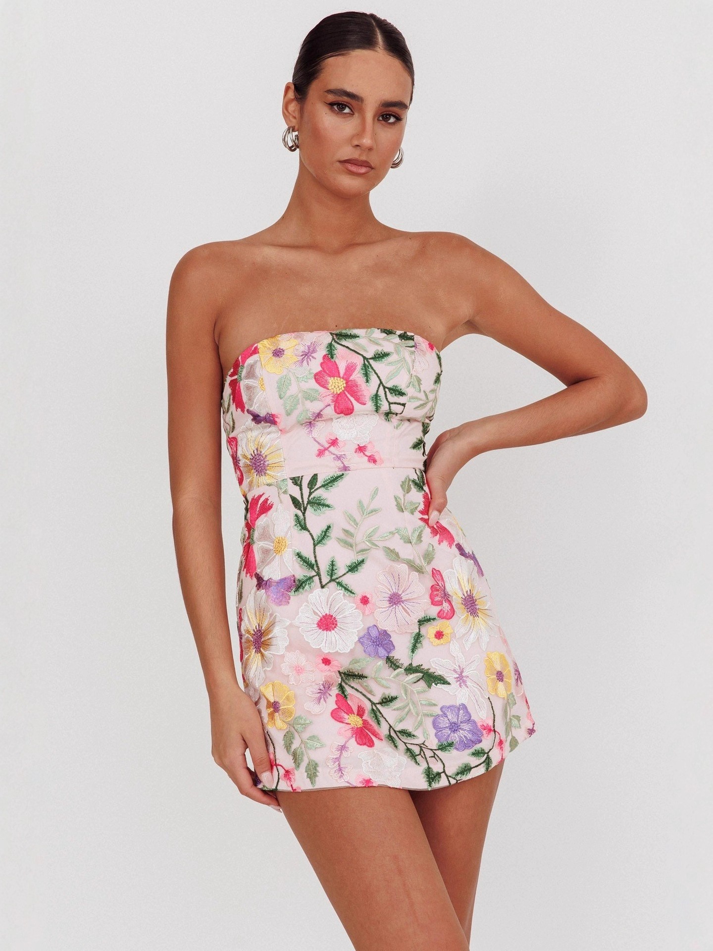 Women Strapless Floral Suspender Dress