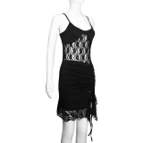 Women Sexy Strapless Lace Patchwork Hollow Irregular Mini Dress