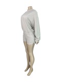 Women Casual Long-Sleeve Round Neck Top and Shorts Two-Piece Set