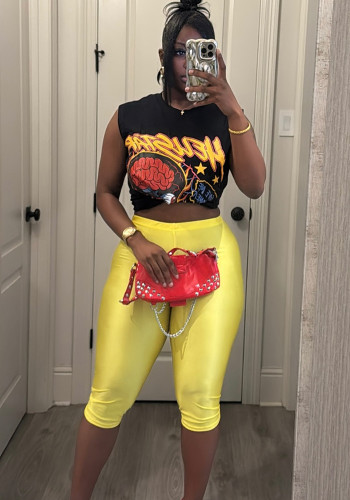 Cartoon Printed Sleeveless Tank Top Shorts Two Piece Set