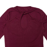 Women Round Neck Cut-Out Knot Long-Sleeved Solid Bodycon Dress