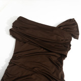 Women Slash Shoulder Off-The-Shoulder Pleated Solid Bodycon Dress