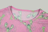 Women Patchwork Print Dress Round Neck Pleated Long-Sleeve Dress