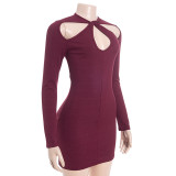 Women Round Neck Cut-Out Knot Long-Sleeved Solid Bodycon Dress