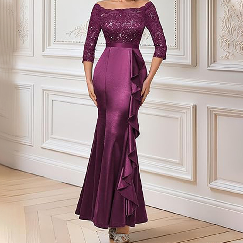 Women Elegant Floral Lace Pleated Slit Maxi Dress