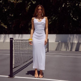 Women Strapless Sleeveless Pleated Bodycon Slit Maxi Dress