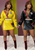 Women PU leather printed jacket and slit skirt two-piece set
