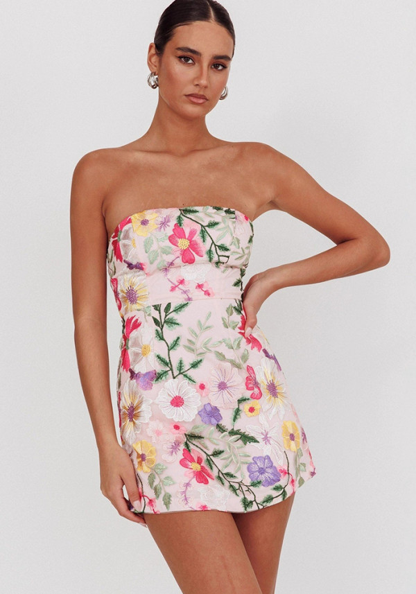 Women Strapless Floral Suspender Dress