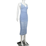 Women Strapless V-Neck Sleeveless Backless See-Through Mesh Slit Maxi Dress