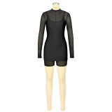 Women Sexy Zippered Mesh Jumpsuit and Suspender Dress Two-Piece Set