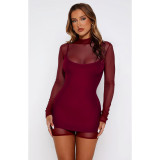 Women Sexy Zippered Mesh Jumpsuit and Suspender Dress Two-Piece Set