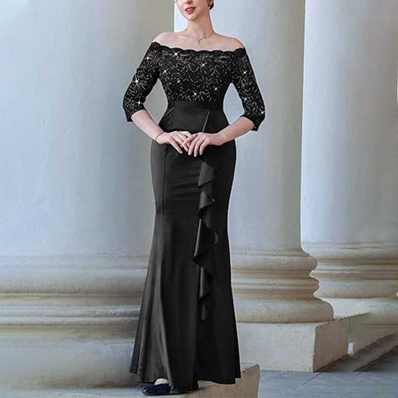 Women Elegant Floral Lace Pleated Slit Maxi Dress