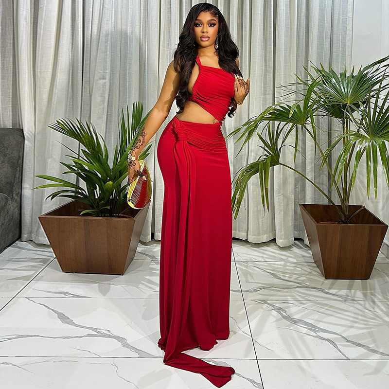 Women Asymmetrical Pleated One-Shoulder Strapless Solid Bodycon Dress