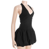 Women V-Neck Halter Neck Sexy Contrast Patchwork Flower Bud Mini Dress