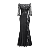 Women Elegant Floral Lace Pleated Slit Maxi Dress