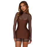 Women Sexy Zippered Mesh Jumpsuit and Suspender Dress Two-Piece Set