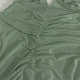 Women Sexy V-Neck Backless Pleated Bodycon Fishtail Dress