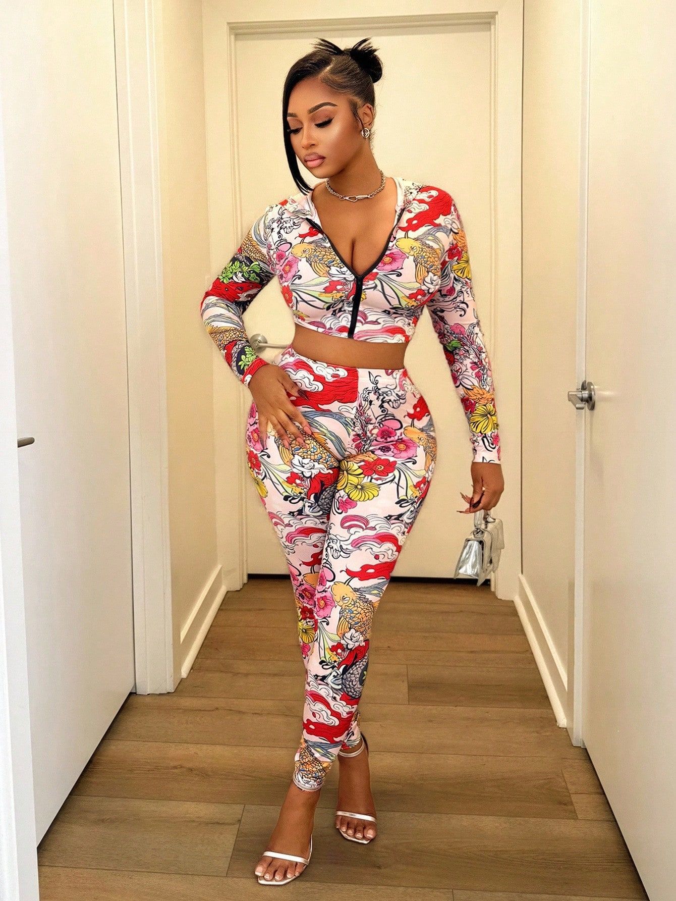 Women autumn hooded printed top and pants two-piece set