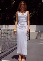 Women Strapless Sleeveless Pleated Bodycon Slit Maxi Dress