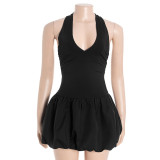 Women V-Neck Halter Neck Sexy Contrast Patchwork Flower Bud Mini Dress