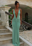 Women Sexy V-Neck Backless Pleated Bodycon Fishtail Dress