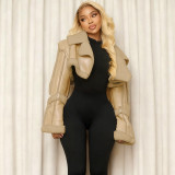 Autumn High Street PU Leather Patchwork Fur Collar Cropped Jacket