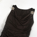 Women Strapless Sleeveless Pleated Bodycon Slit Maxi Dress