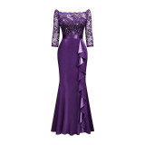 Women Elegant Floral Lace Pleated Slit Maxi Dress