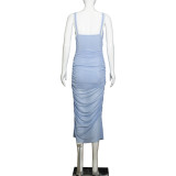 Women Strapless V-Neck Sleeveless Backless See-Through Mesh Slit Maxi Dress