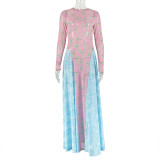 Women Patchwork Print Dress Round Neck Pleated Long-Sleeve Dress