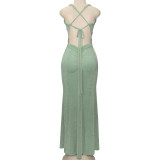 Women Sexy V-Neck Backless Pleated Bodycon Fishtail Dress