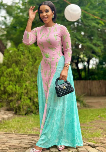 Women Patchwork Print Dress Round Neck Pleated Long-Sleeve Dress