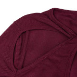 Women Round Neck Cut-Out Knot Long-Sleeved Solid Bodycon Dress