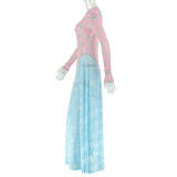 Women Patchwork Print Dress Round Neck Pleated Long-Sleeve Dress