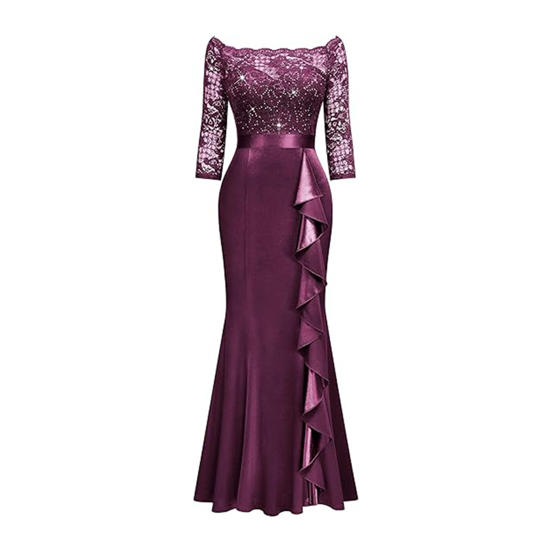 Women Elegant Floral Lace Pleated Slit Maxi Dress