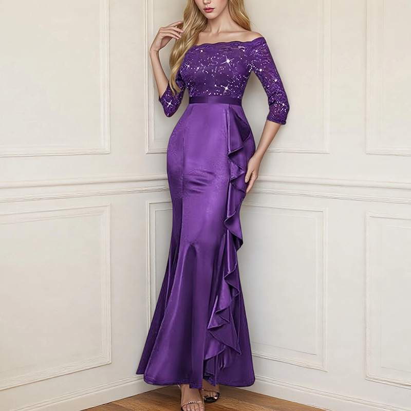 Women Elegant Floral Lace Pleated Slit Maxi Dress