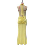 Halter Neck Tie Mesh Patchwork Long Dress
