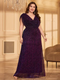 Plus Size Long Formal Party Evening Gown Elegant Pleated Mesh Shiny See-Through Prom Dress