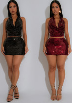 Fashion Women's Sexy Low Back Sequin Top Short Skirt Two-Piece Set Fashion Women's Sexy Low Back Sequin Top Short Skirt Two-Piece Set