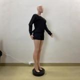 Autumn Black Casual Slash Shoulder Long Sleeve Top Shorts Set