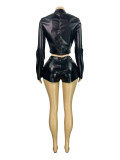 Fashion Women's Leather Stand Collar Zipper Long Sleeve Top Shorts Two-Piece Set