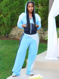 Fashion Women's Color Block Zipper Hoodies Wide Leg Elastic Waist Sport Long Pants Two-Piece Set
