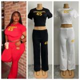 Summer Women's Letter Fashion Casual Short Sleeve Two Piece Pants Set