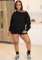 Autumn Black Casual Slash Shoulder Long Sleeve Top Shorts Set