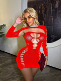 Women long-sleeved sexy cutout see-through mesh bodysuit and two-piece lingerie set