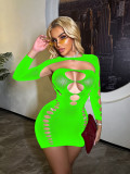 Women long-sleeved sexy cutout see-through mesh bodysuit and two-piece lingerie set