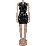 Fashion Women's Sexy Low Back Sequin Top Short Skirt Two-Piece Set
