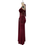 Halter Neck Tie Mesh Patchwork Long Dress