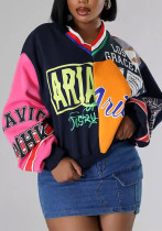 Trendy Women's Street Hip-Hop Fashion Patchwork Contrast Color Print Loose Casual Round Neck Long Sleeve Top